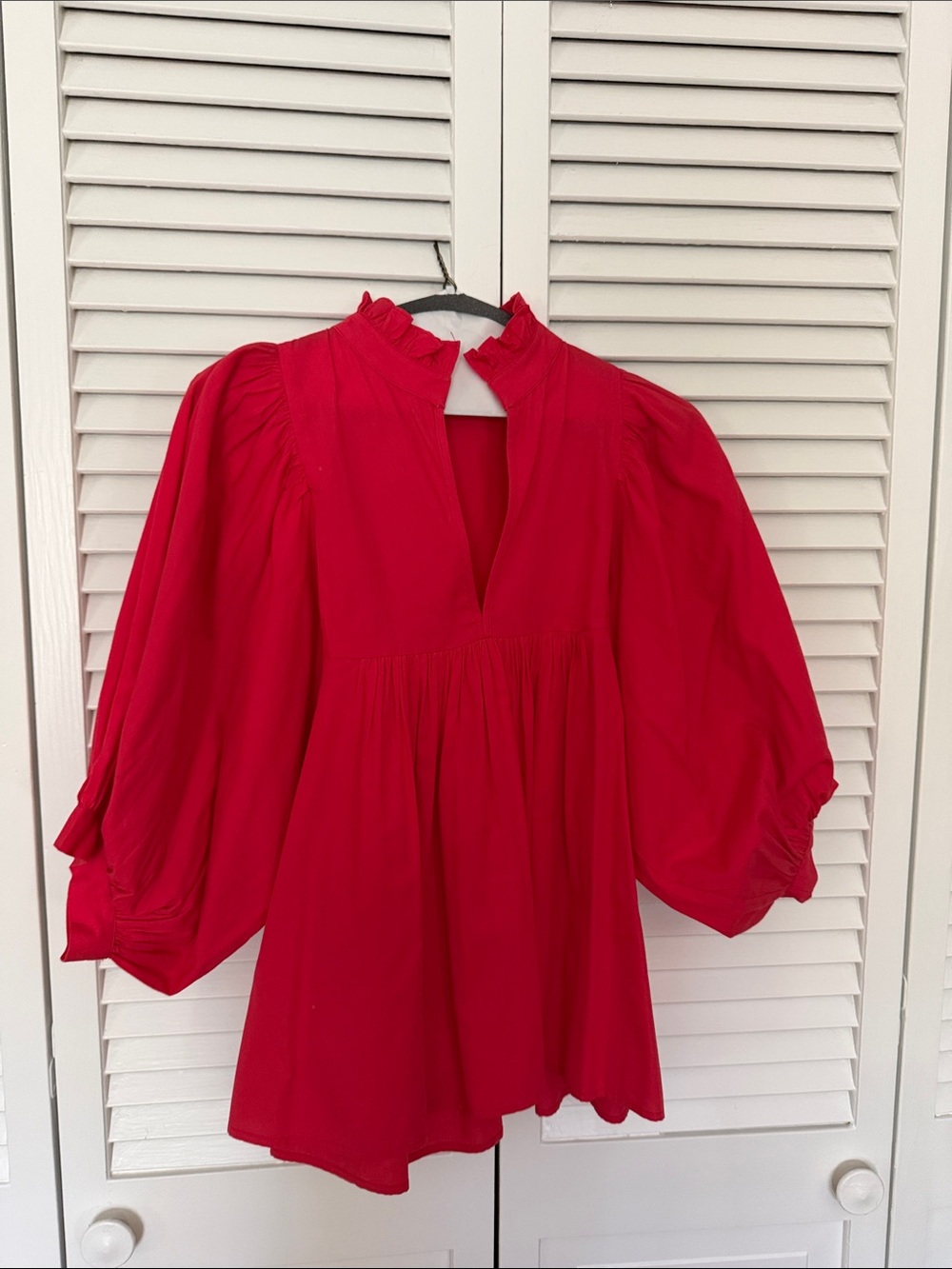 Women's Bright Red Ruffled Neck Puff Sleeve Blouse